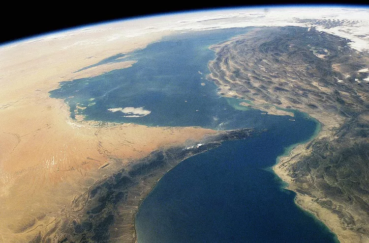 A satellite view of the Strait of Hormuz.